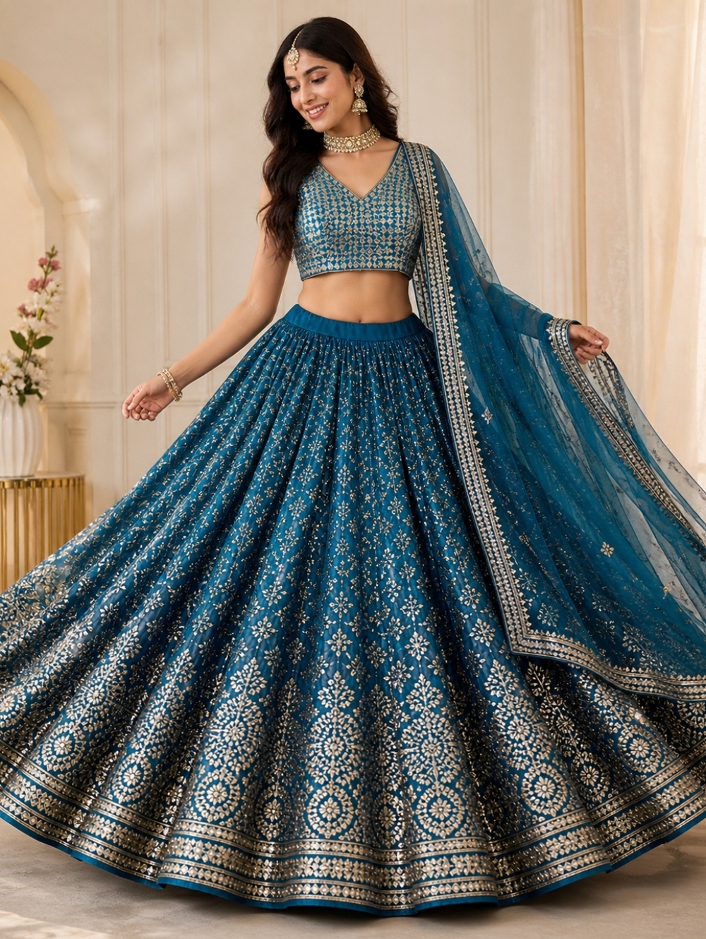 Rama Blue/ Teal Blue Embroidered Lehenga Choli Set - Size 6